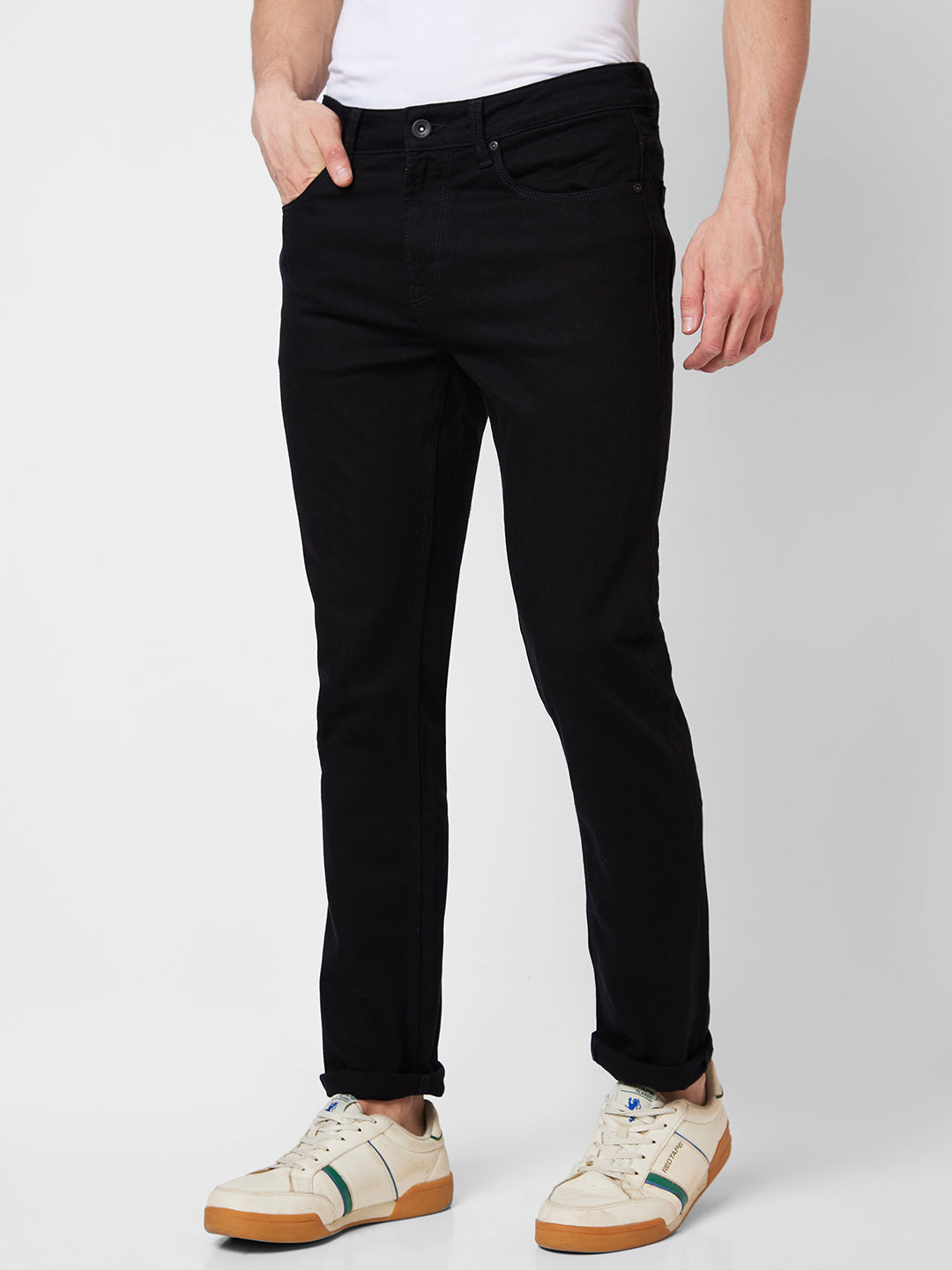 Spykar Mid Rise Regular Fit Black Jeans For Men