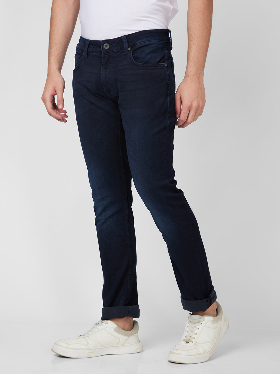 Spykar Mid Rise Regular Fit Narrow Length Indigo Jeans For Men