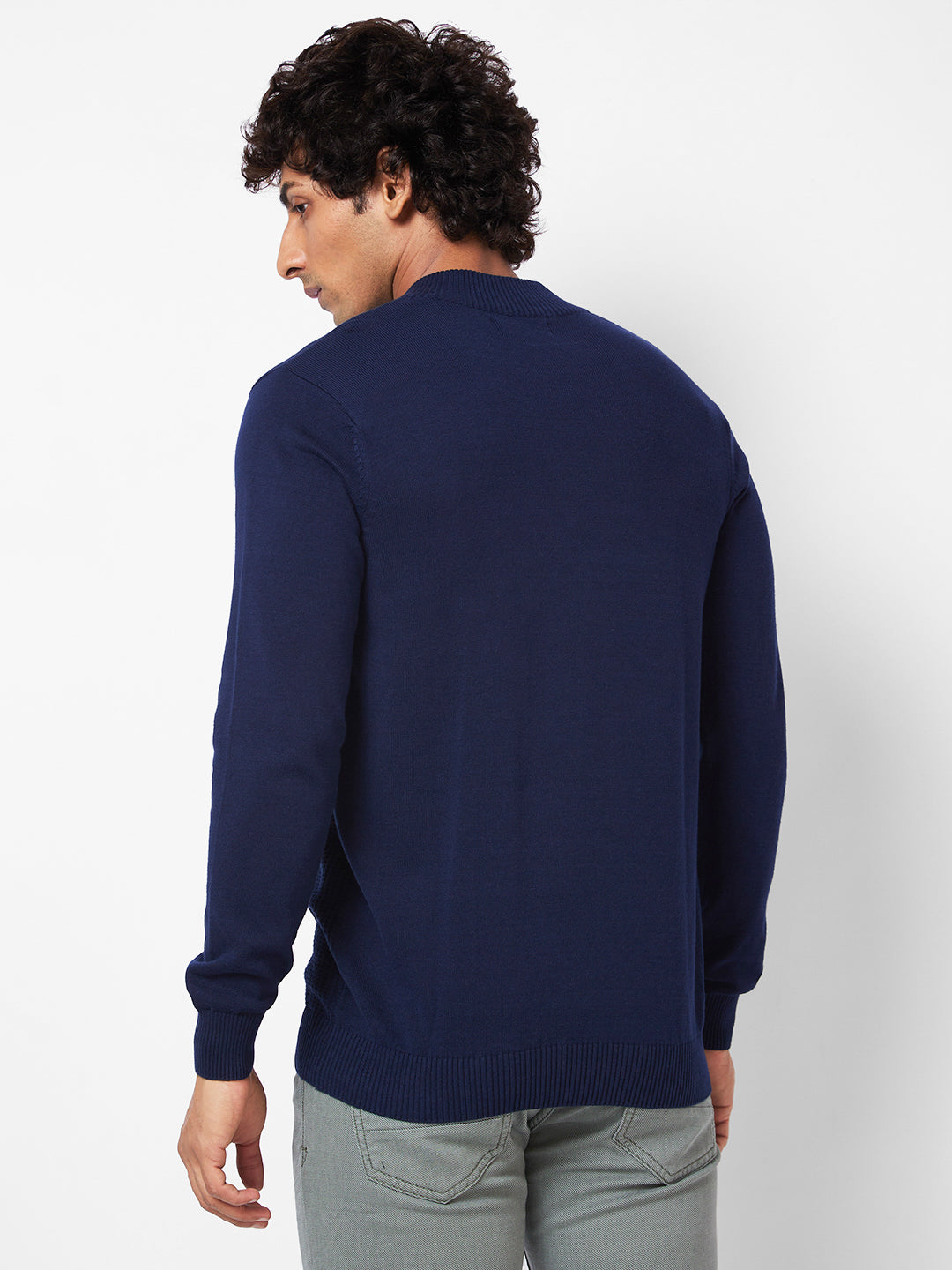Spykar Polo Collar Full Sleeves Blue Sweater For Men