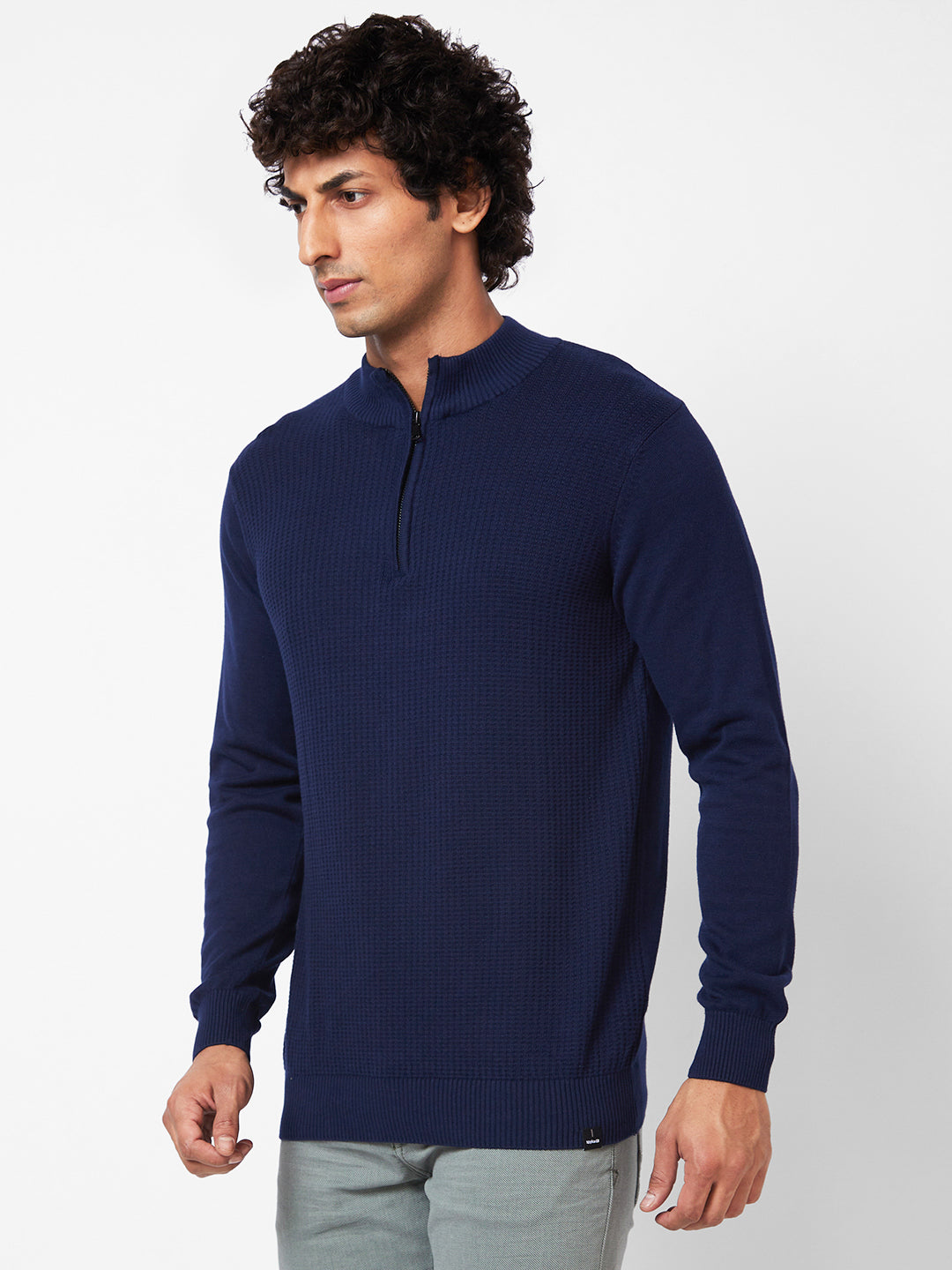 Spykar Polo Collar Full Sleeves Blue Sweater For Men