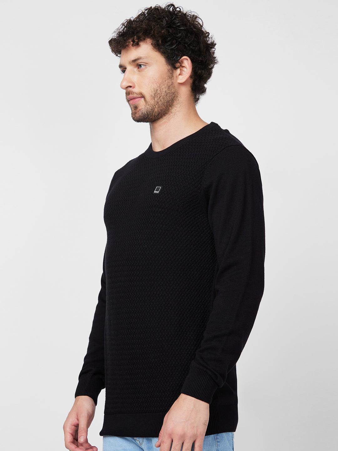 Spykar Collarless Full Sleeves Black Sweater For Men