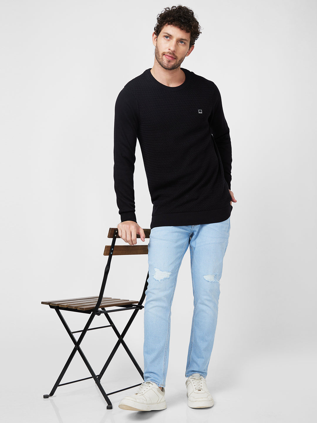 Spykar Collarless Full Sleeves Black Sweater For Men