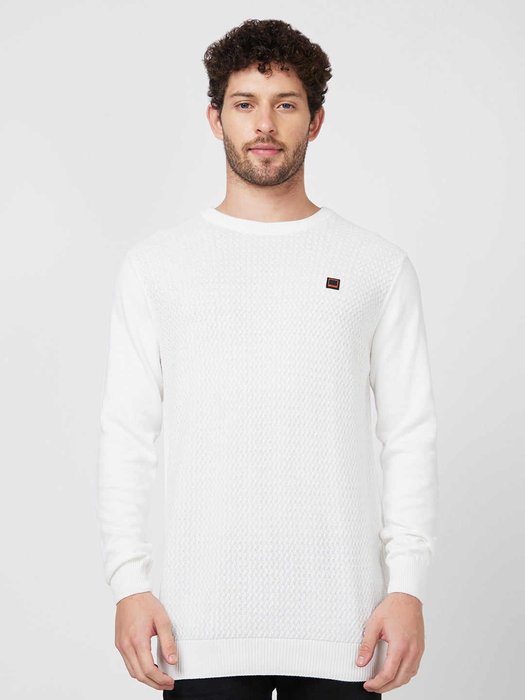 Spykar Full Sleeve Round Neck White Cotton Sweater For Men