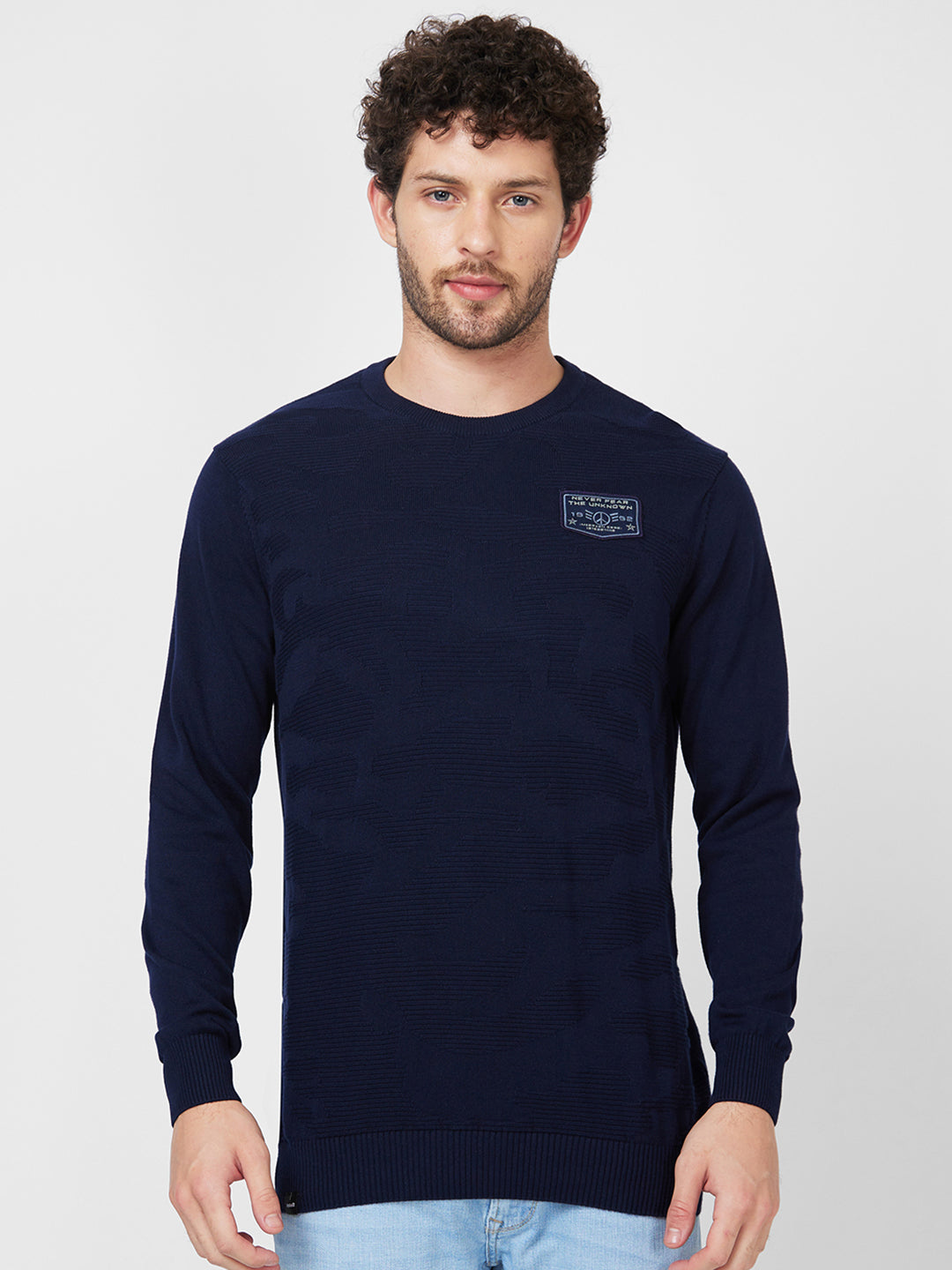 Spykar Full Sleeve Round Neck Blue Cotton Sweater For Men