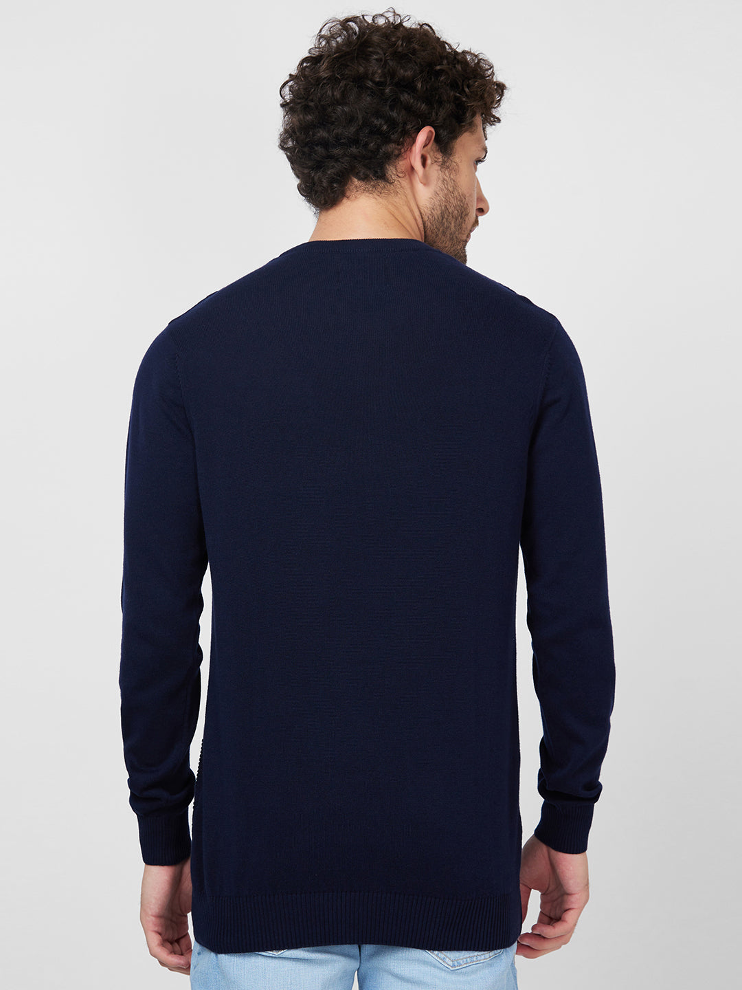 Spykar Full Sleeve Round Neck Blue Cotton Sweater For Men