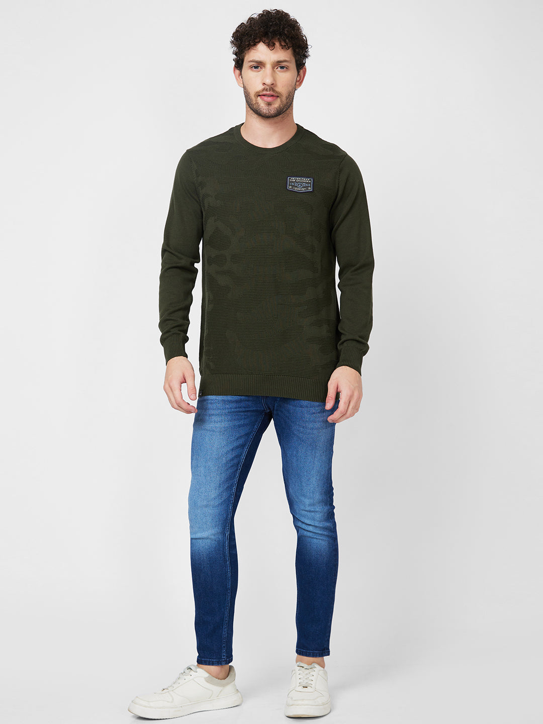 Spykar Full Sleeve Round Neck Green Cotton Sweater For Men