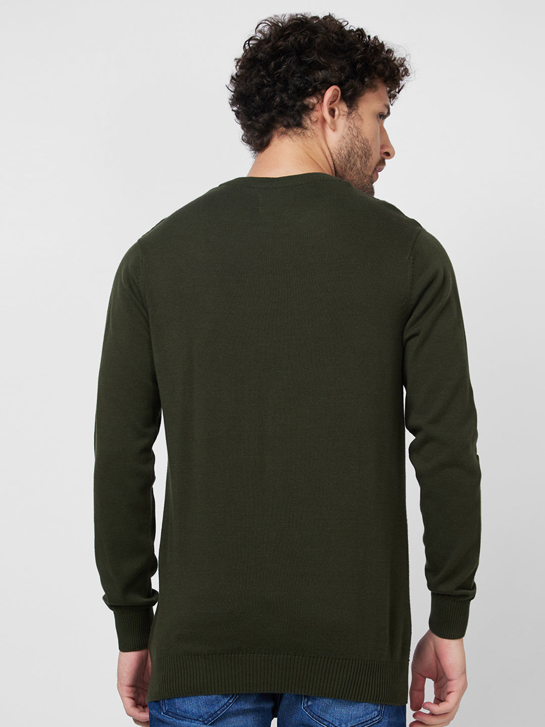 Spykar Full Sleeve Round Neck Green Cotton Sweater For Men
