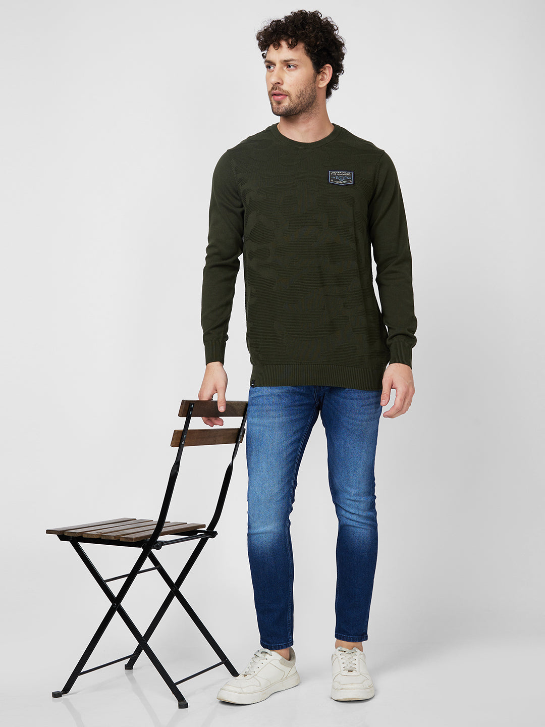 Spykar Full Sleeve Round Neck Green Cotton Sweater For Men