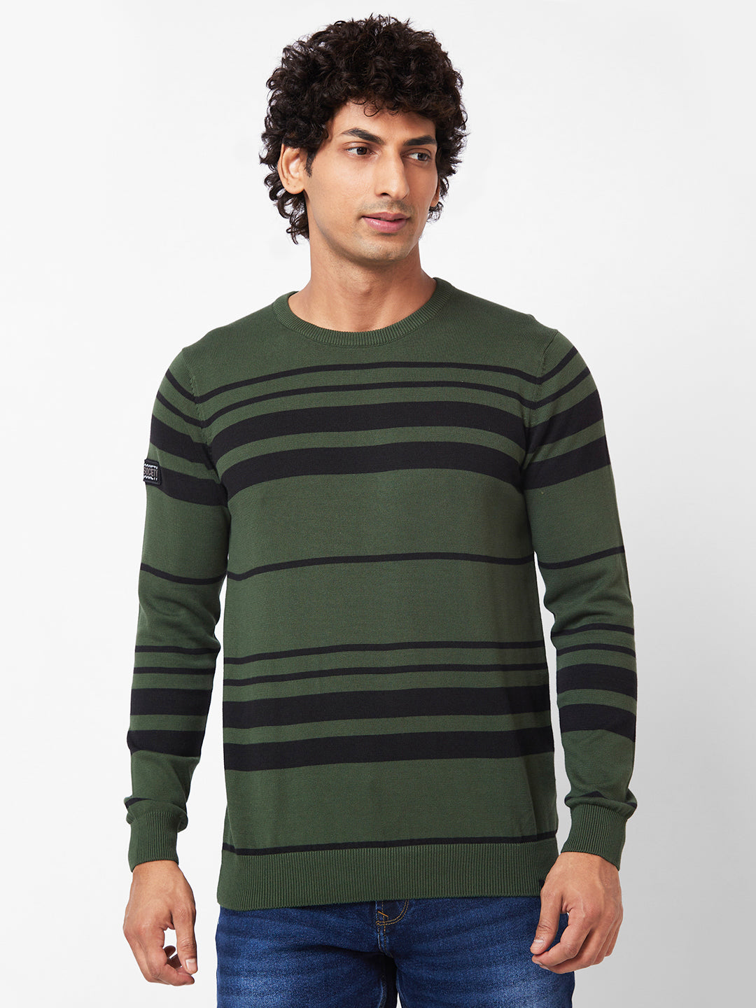 Spykar Collarless Full Sleeves Green Sweater For Men