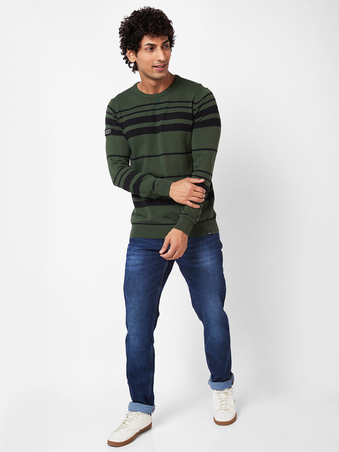 Spykar Collarless Full Sleeves Green Sweater For Men