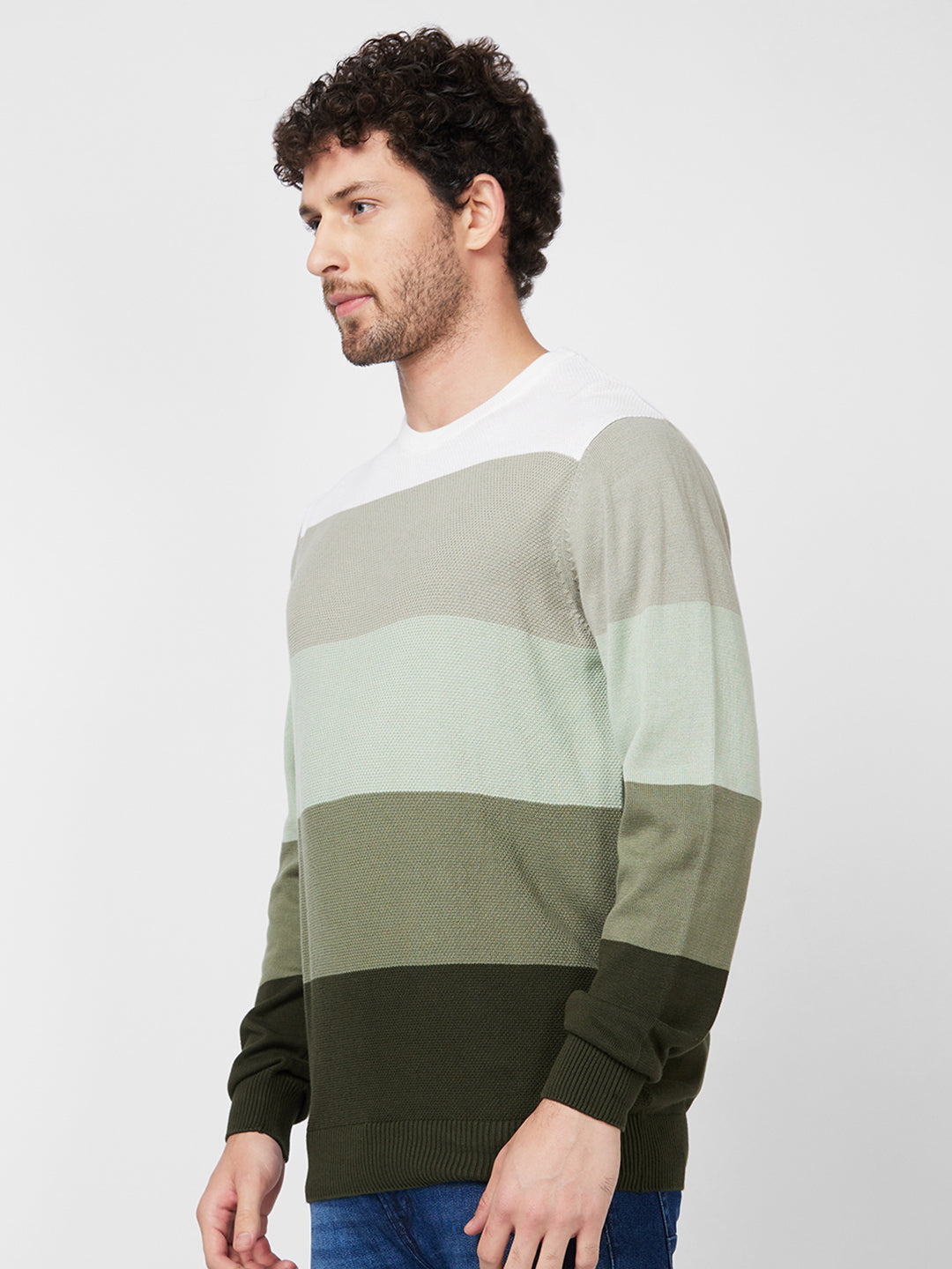 Spykar Full Sleeve Round Neck Green Cotton Sweater For Men