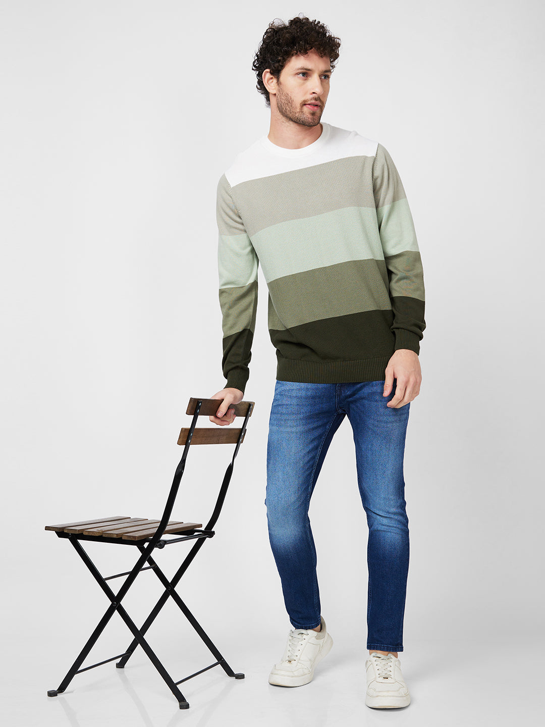 Spykar Full Sleeve Round Neck Green Cotton Sweater For Men