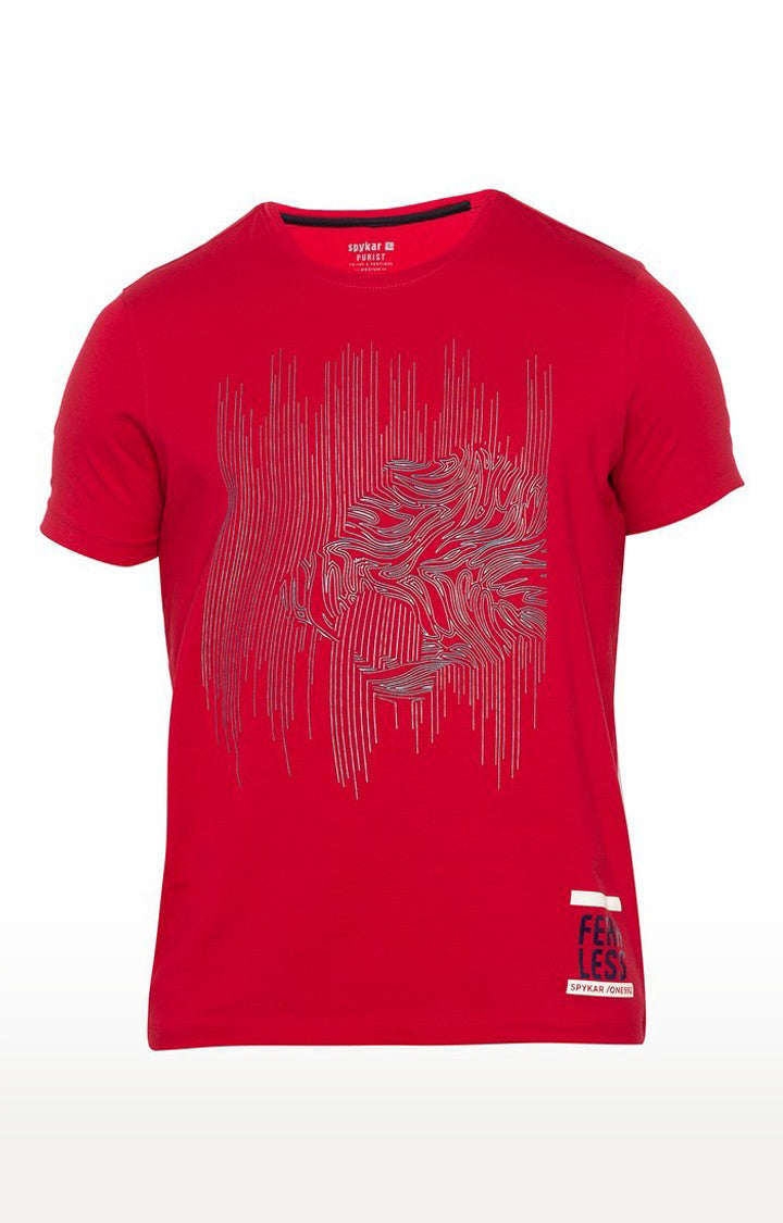 Spykar Red Cotton Slim Fit T-Shirt For Men