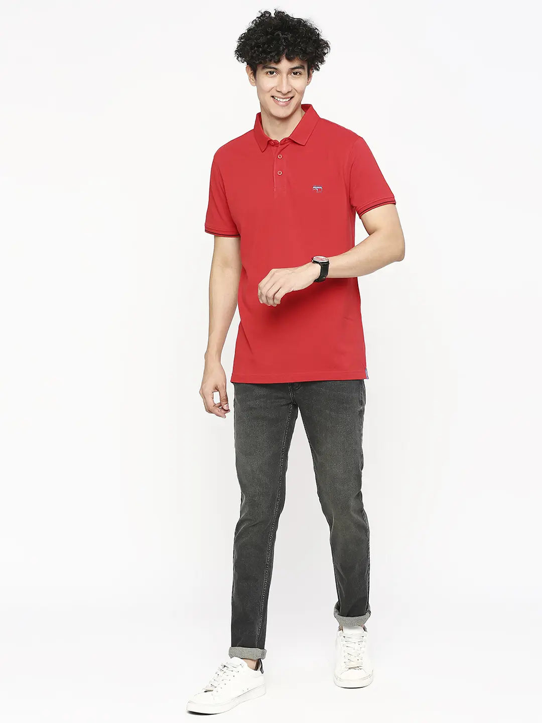 Spykar Men True Red Cotton Slim Fit Plain Polo Neck Tshirt