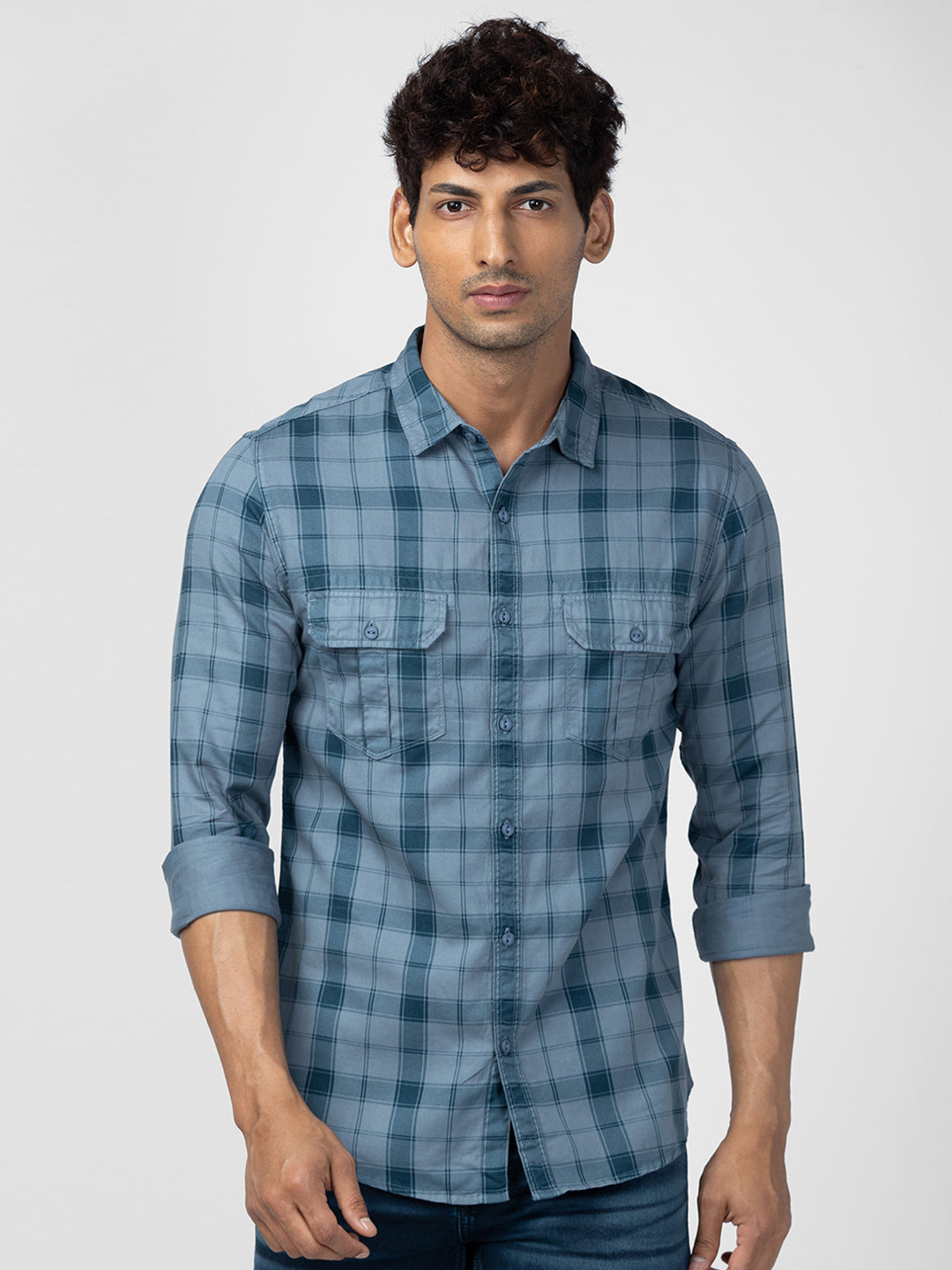 Spykar Men Dark Grey Cotton Slim Fit Checkered Shirt