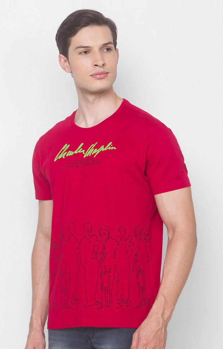 Charlie Chaplin Spykar Men Red Cotton Slim Fit Round Neck Printed T-Shirt