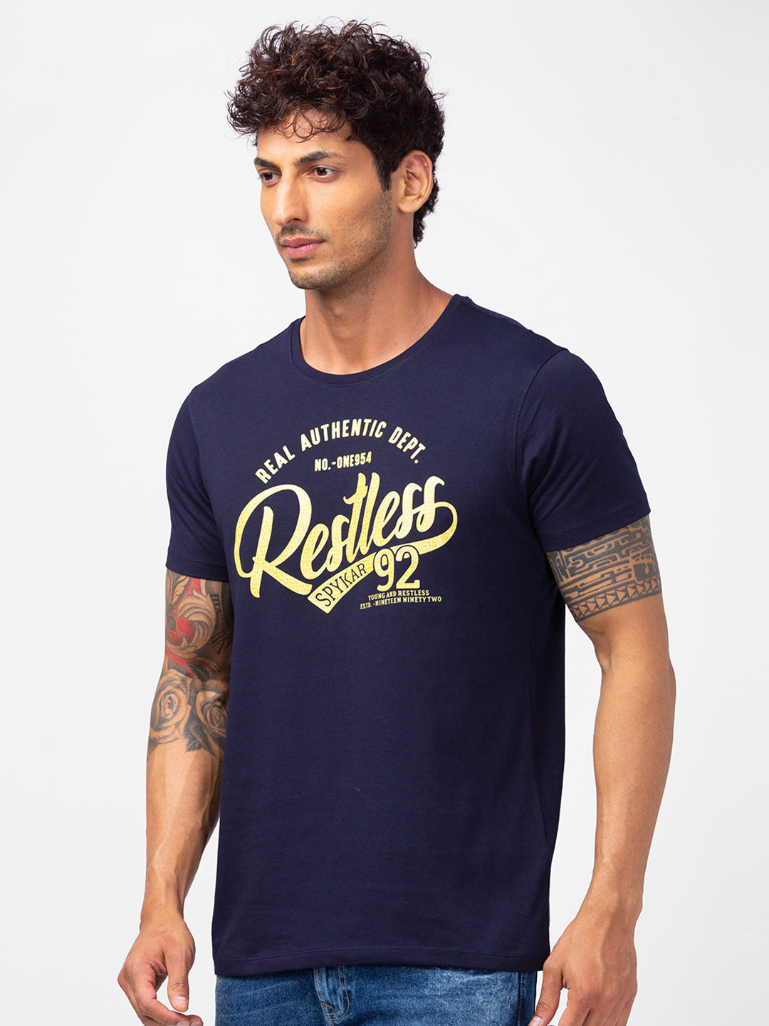 Spykar Men Navy Blue Cotton Slim Fit Round Neck Printed T-Shirt