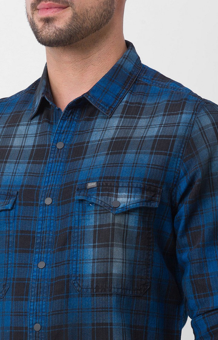 Spykar Indigo Blue Cotton Full Sleeve Checks Shirt For Men