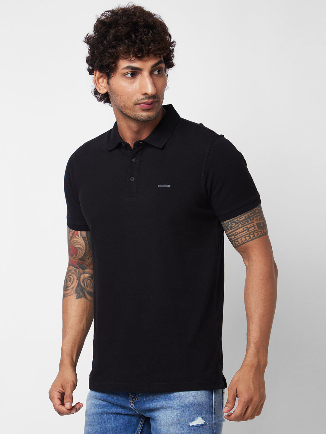 Spykar SLIM FIT Black Polo T-shirt  For Men