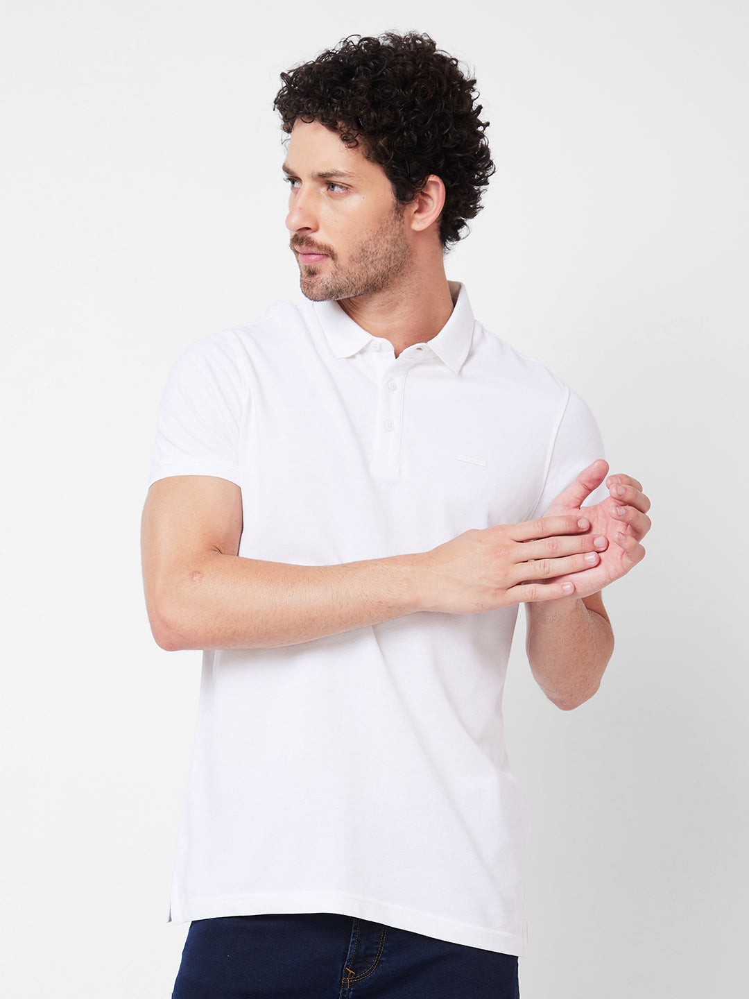 Spykar Polo Collar Half Sleeves White T-Shirt  For Men