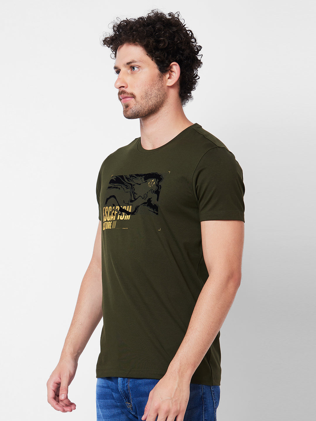 Spykar Round Neck Half Sleeves Green T-Shirt  For Men