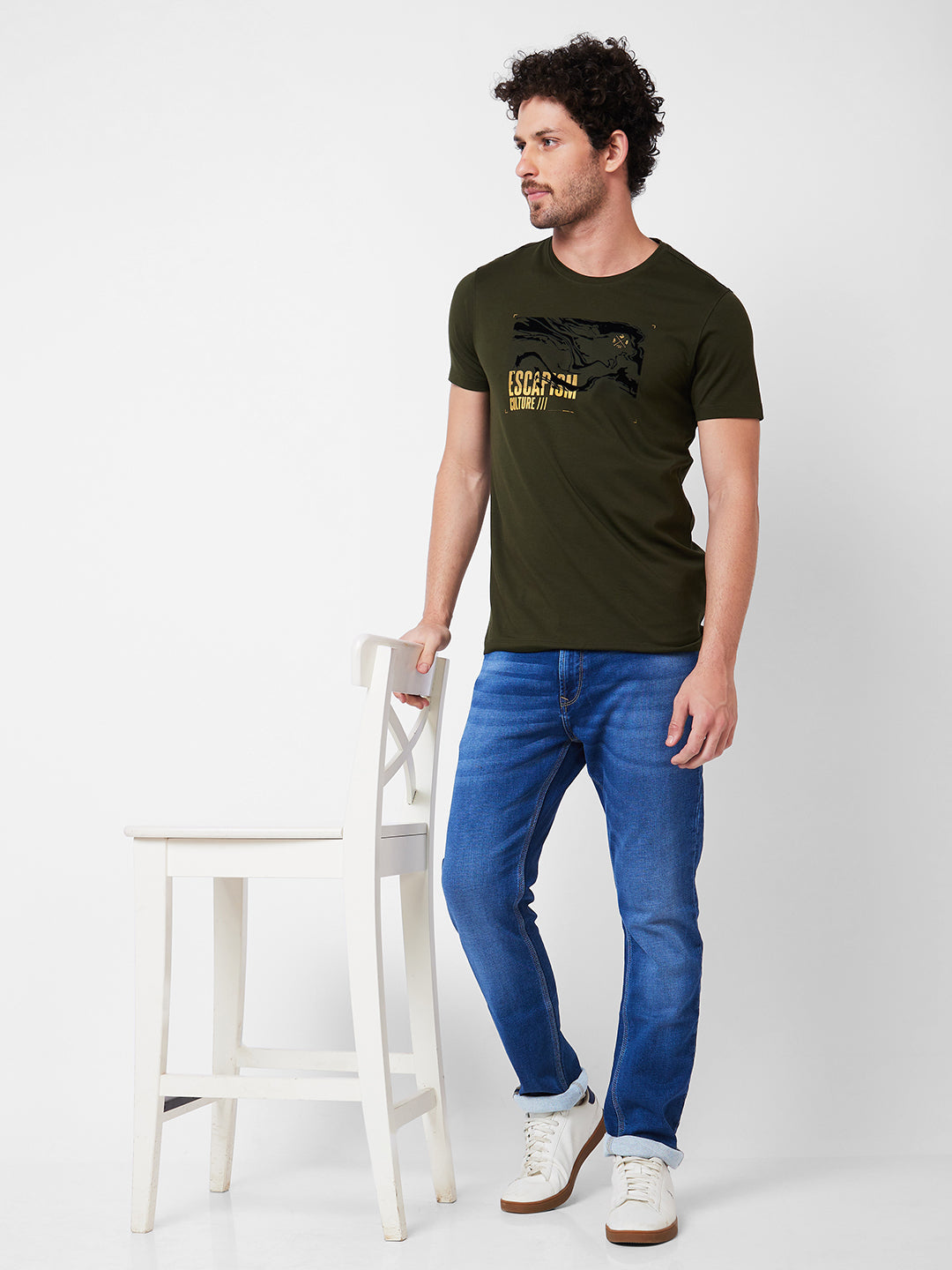 Spykar Round Neck Half Sleeves Green T-Shirt  For Men