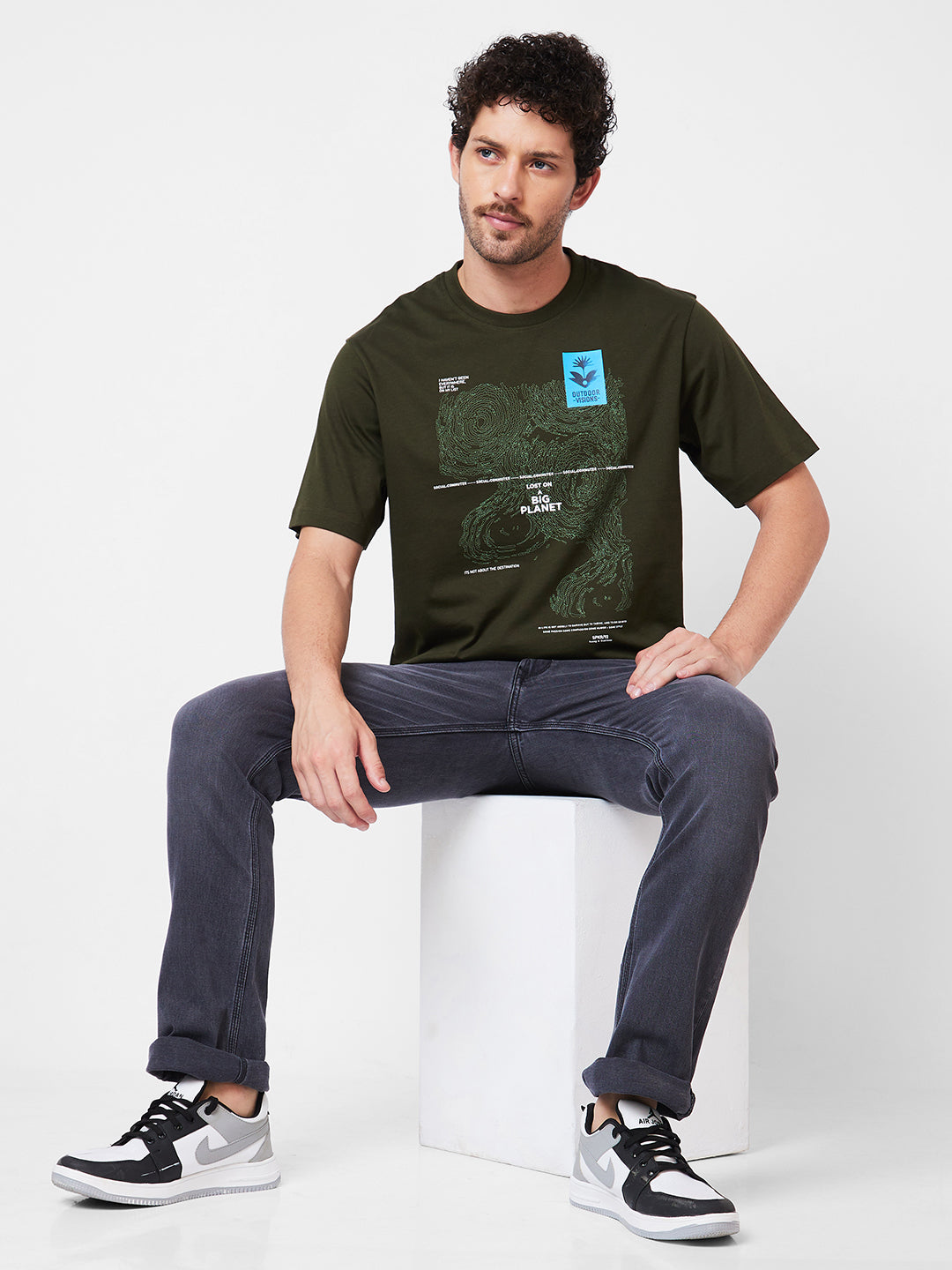 Spykar Round Neck Half Sleeves Green T-Shirt  For Men