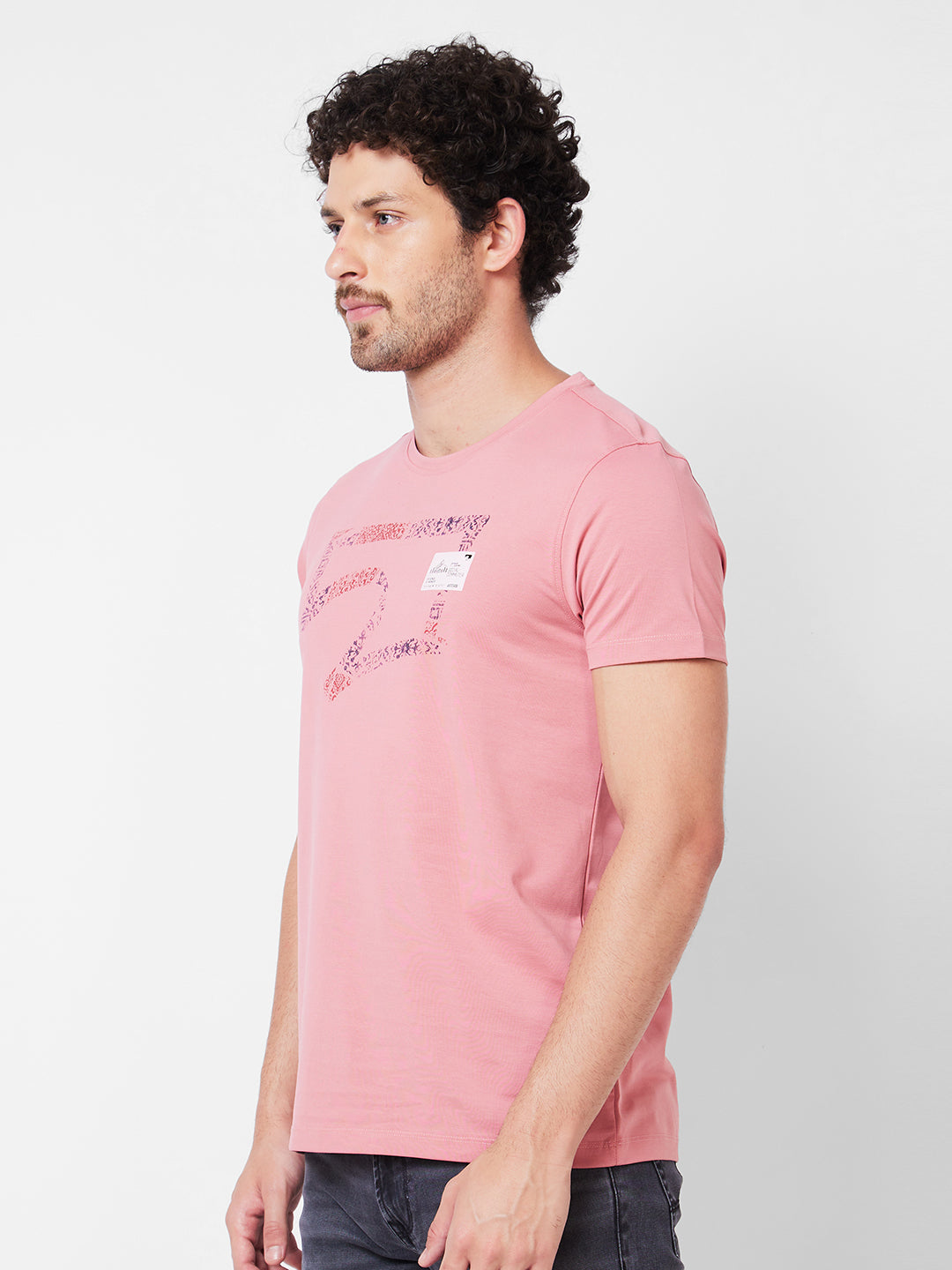 Spykar Round Neck Half Sleeves Pink T-Shirt  For Men