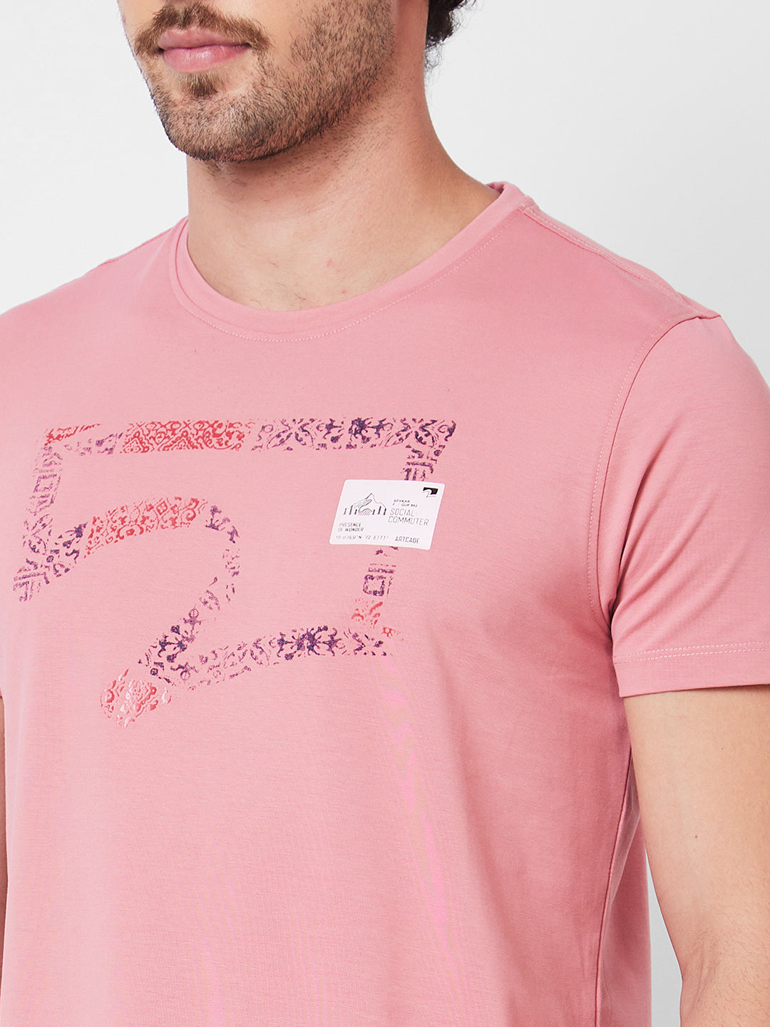 Spykar Round Neck Half Sleeves Pink T-Shirt  For Men