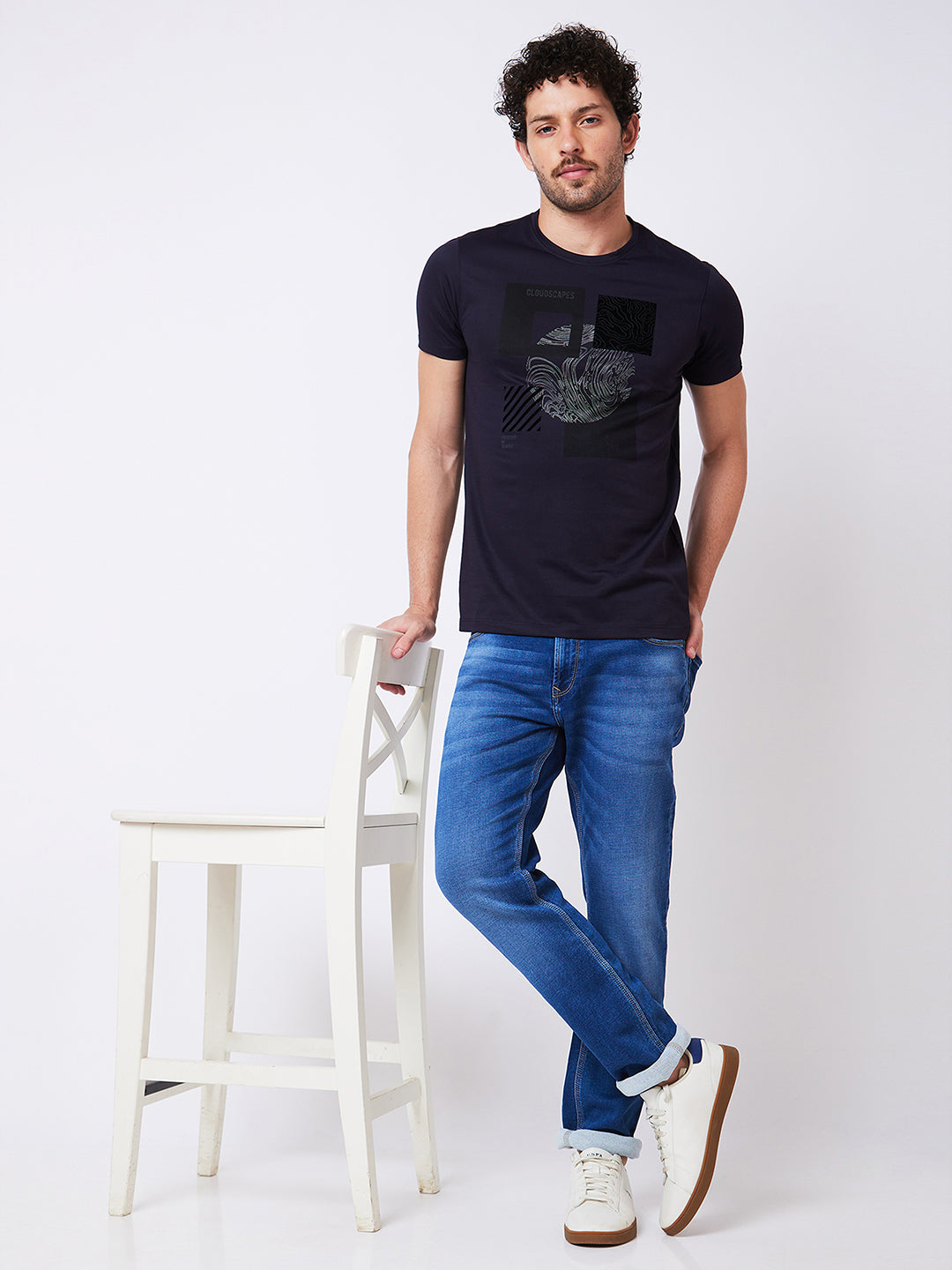 Spykar Round Neck Half Sleeves Blue T-Shirt  For Men