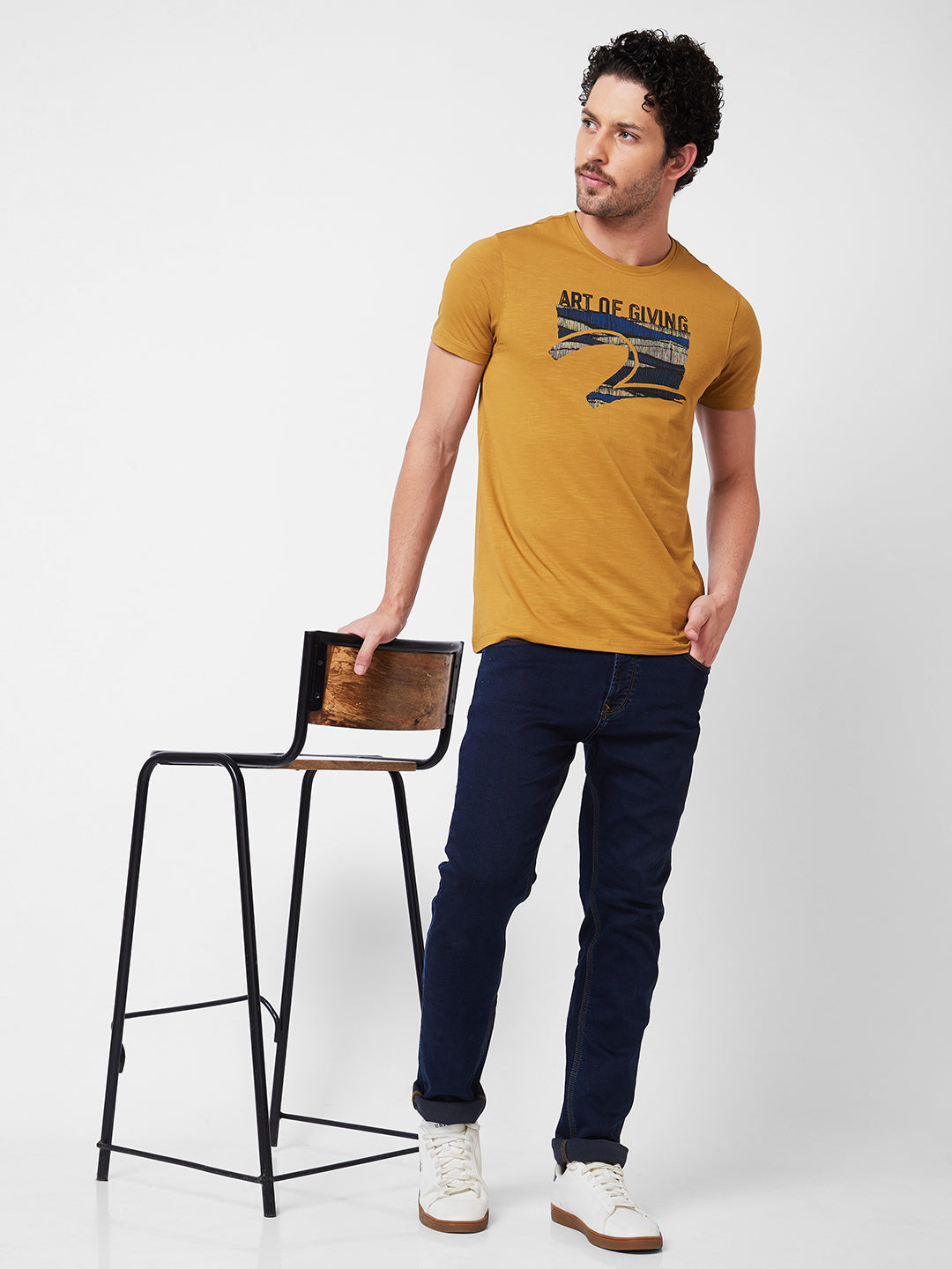 Spykar Round Neck Half Sleeves Khaki T-Shirt  For Men