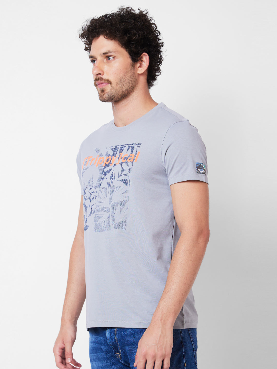 Spykar Round Neck Half Sleeves Grey T-Shirt  For Men