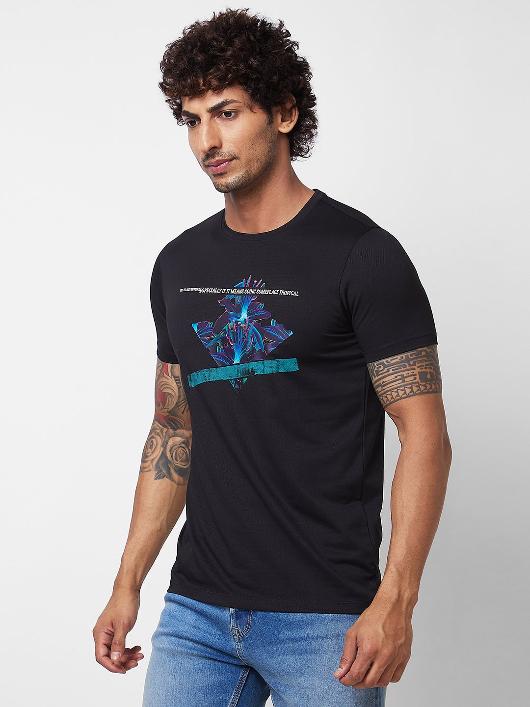 Spykar ROUND NECK HALF SLEEVES Black T-shirt  For Men