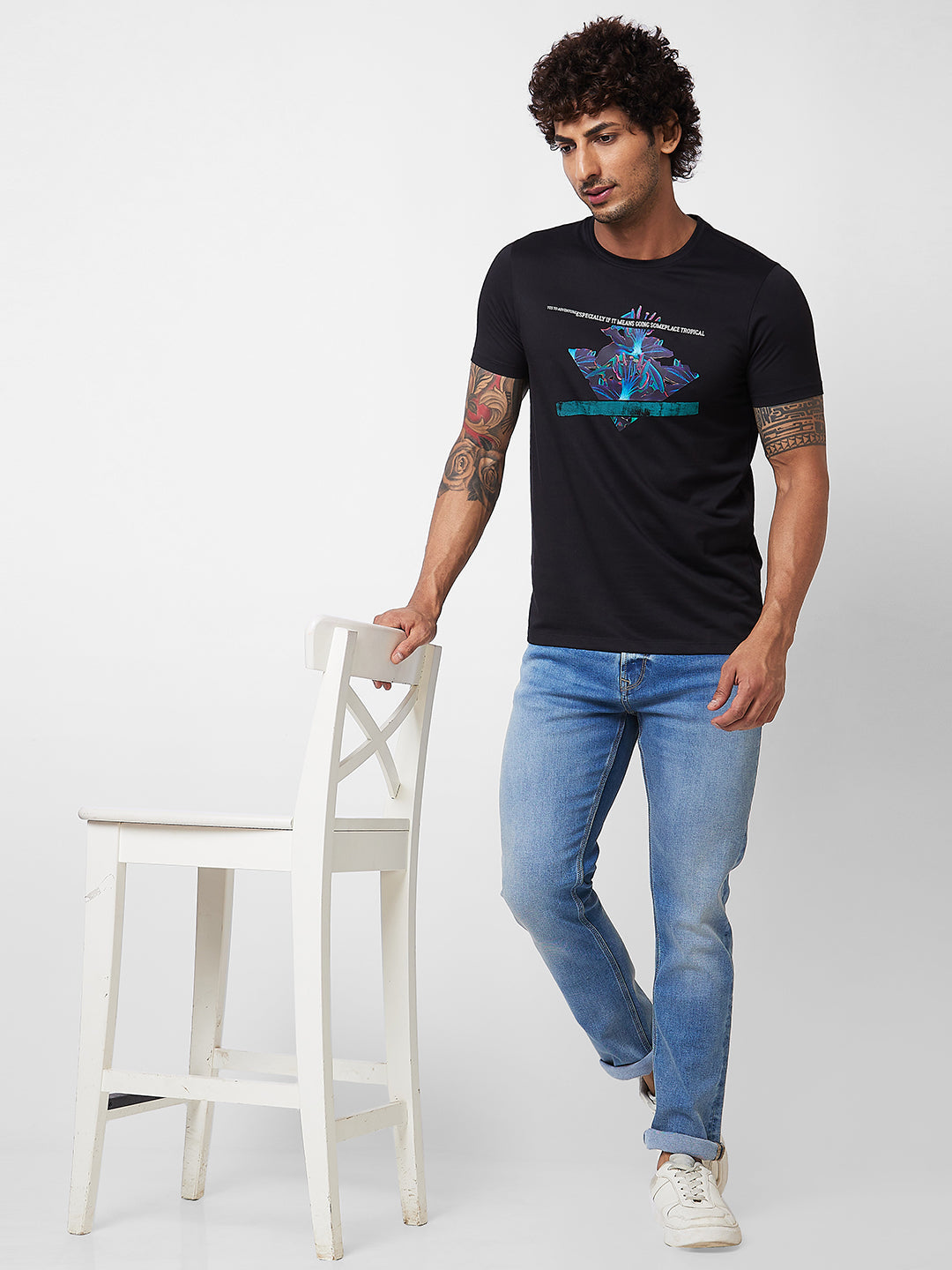 Spykar ROUND NECK HALF SLEEVES Black T-shirt  For Men