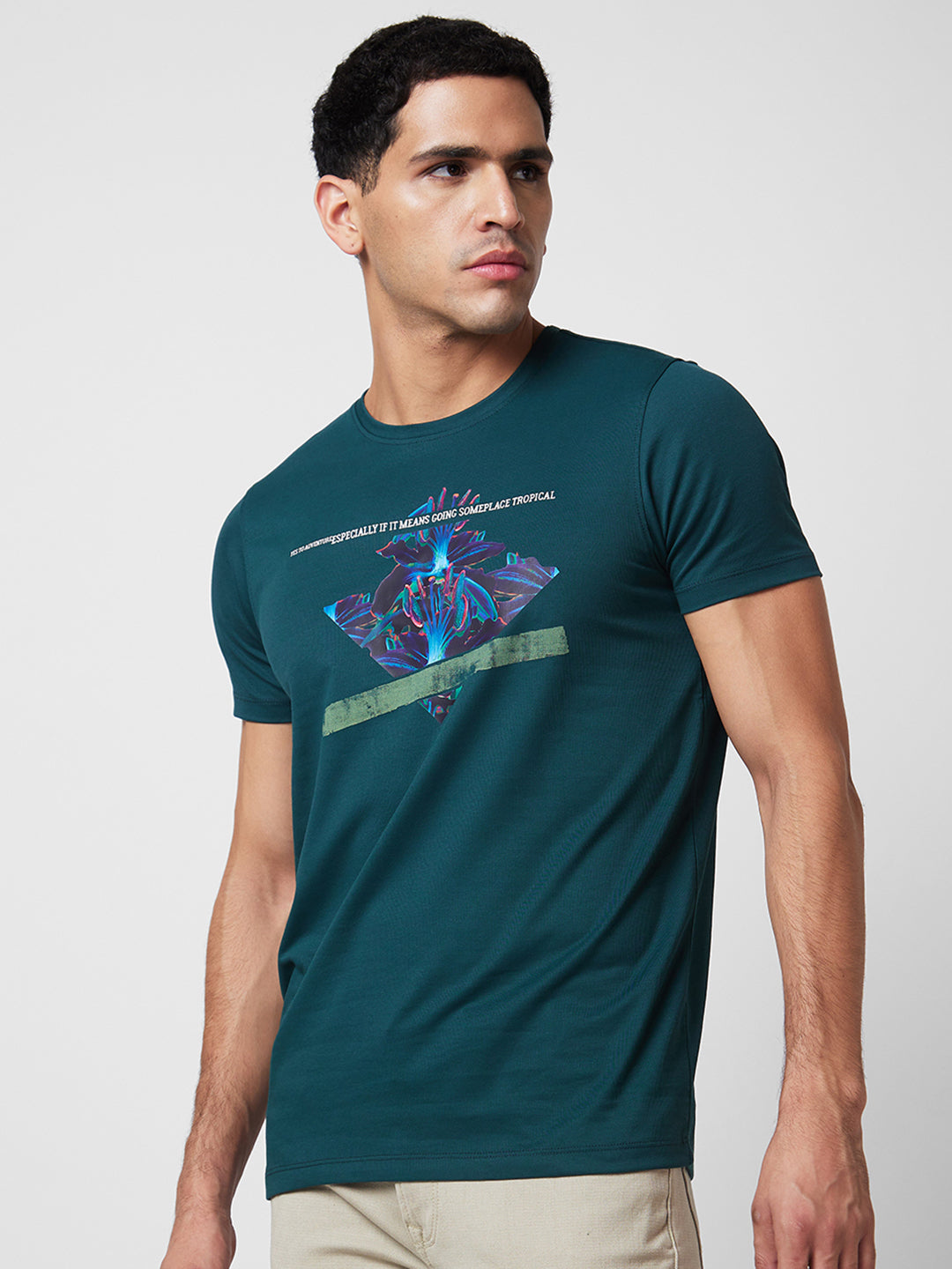 Spykar Round Neck Half Sleeves Green T-Shirt  For Men