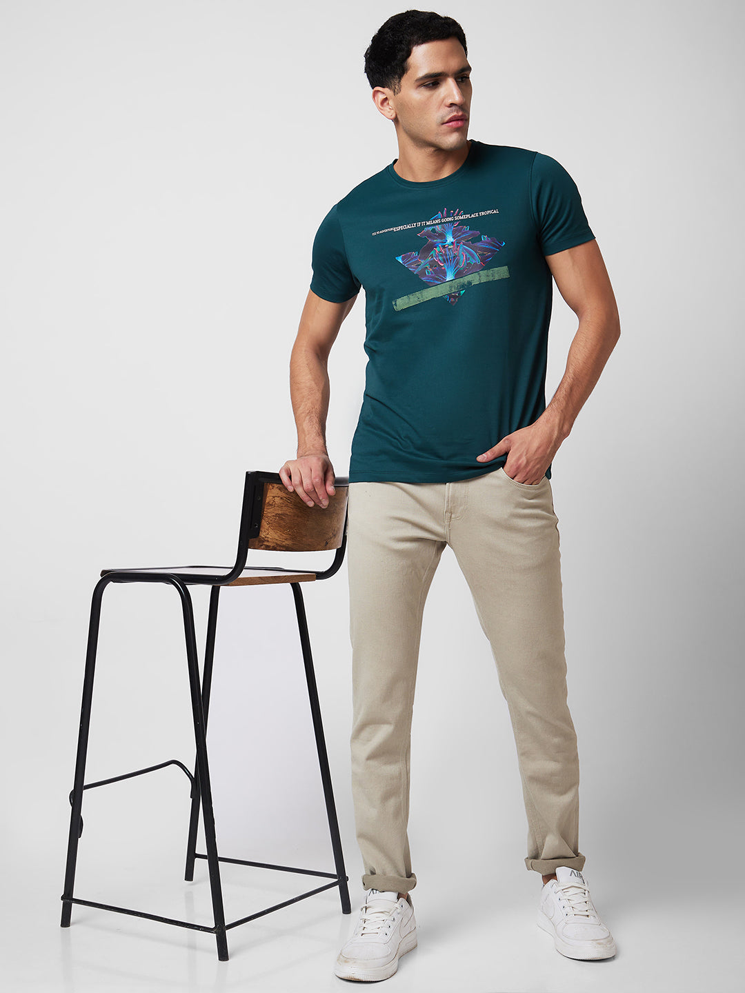 Spykar Round Neck Half Sleeves Green T-Shirt  For Men