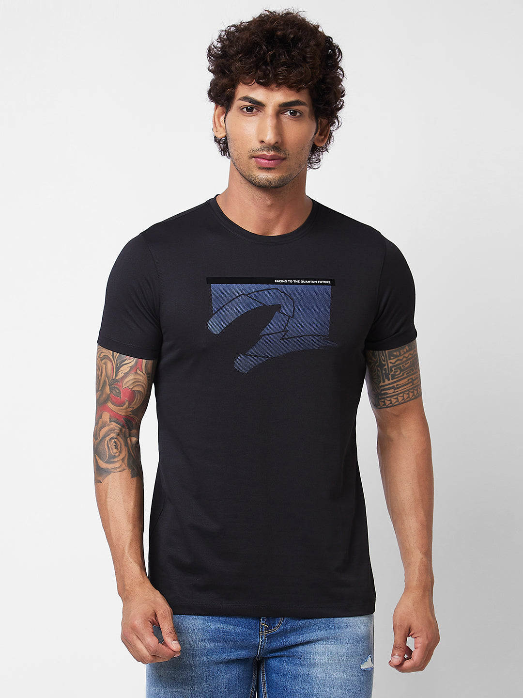 Spykar ROUND NECK HALF SLEEVES Black T-shirt  For Men