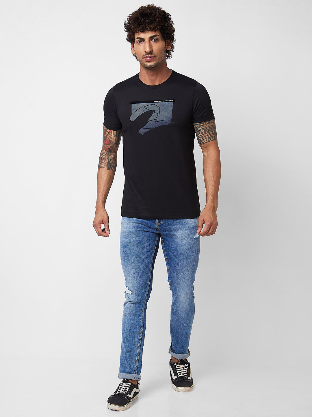 Spykar ROUND NECK HALF SLEEVES Black T-shirt  For Men