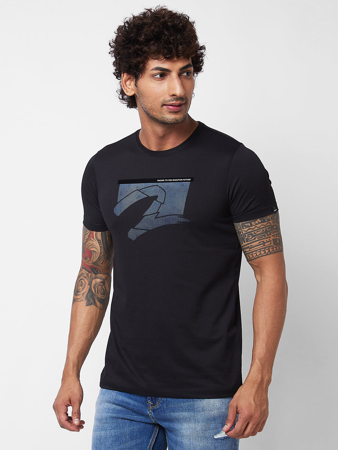 Spykar ROUND NECK HALF SLEEVES Black T-shirt  For Men