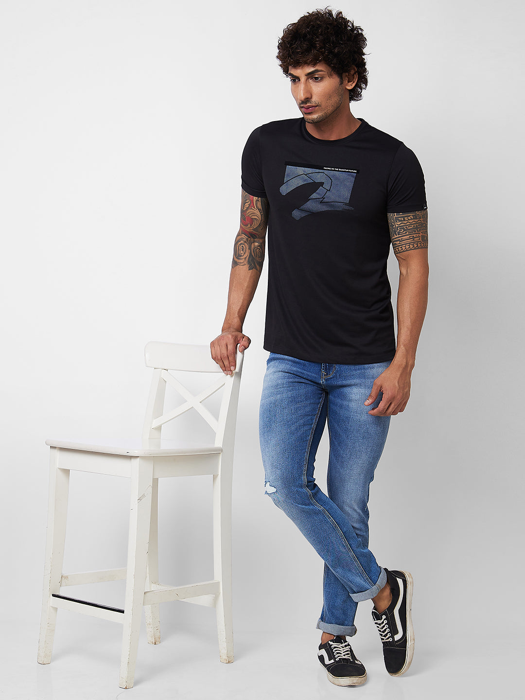 Spykar ROUND NECK HALF SLEEVES Black T-shirt  For Men