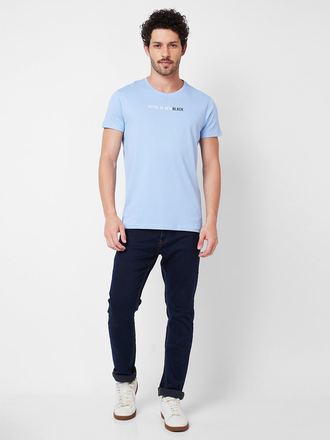 Spykar Round Neck Half Sleeves Blue T-Shirt  For Men