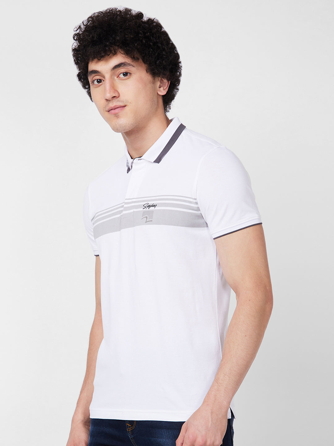 Spykar SLIM FIT White Polo T-shirt  For Men