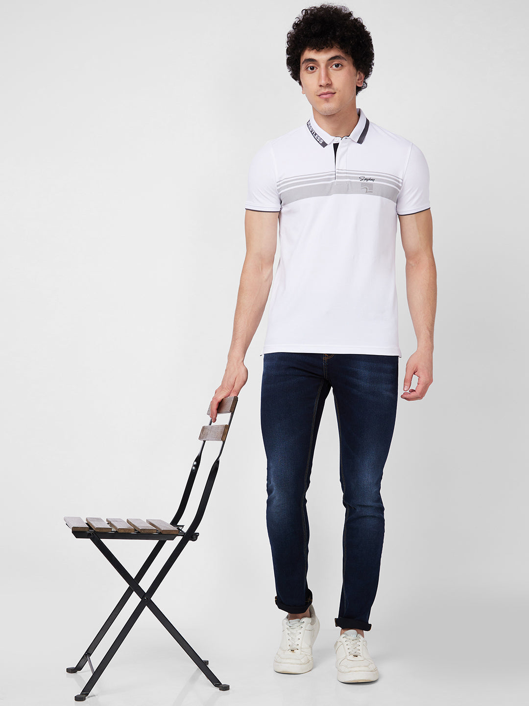 Spykar SLIM FIT White Polo T-shirt  For Men