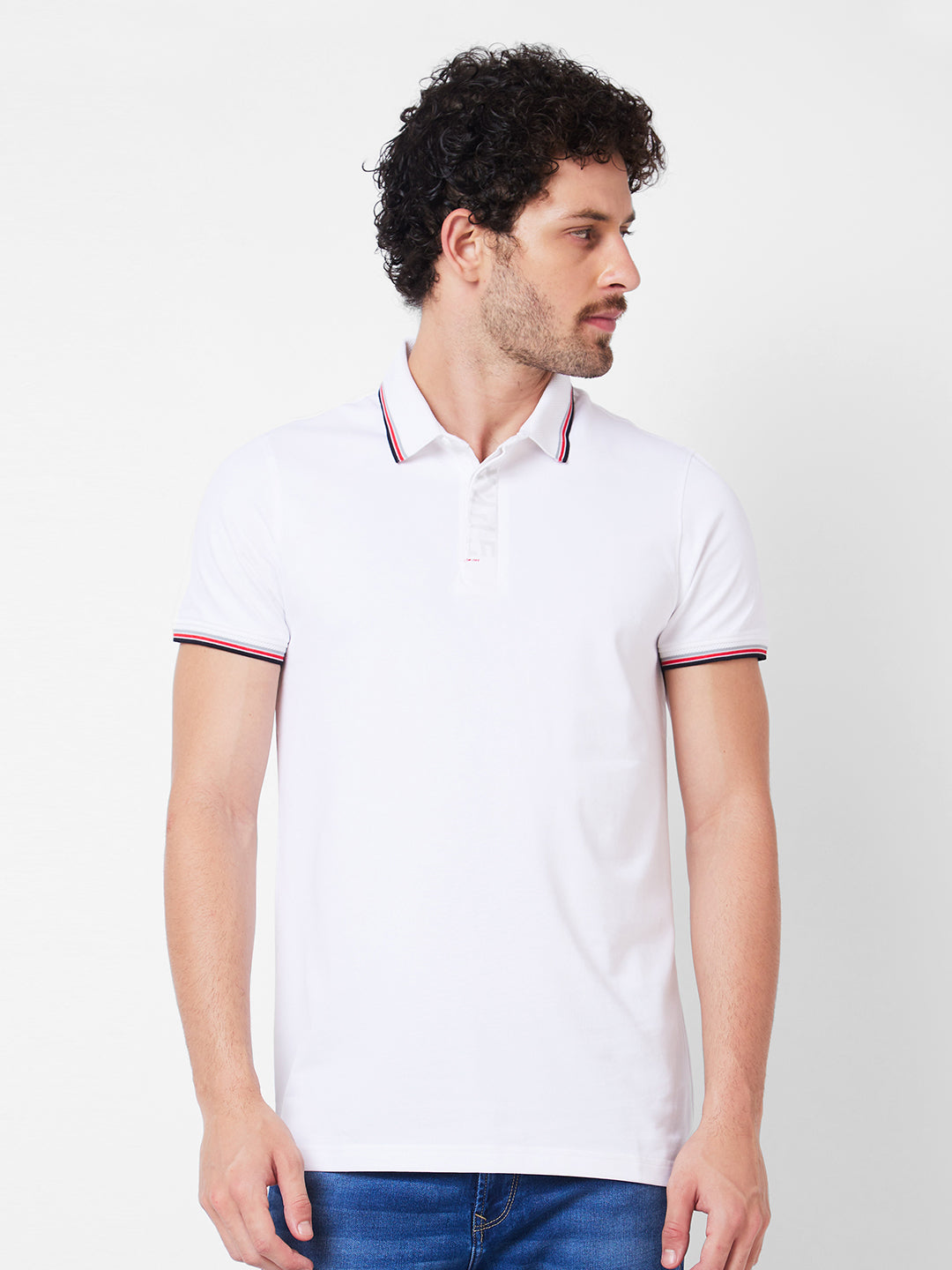 Spykar Polo Collar Half Sleeves White T-Shirt  For Men