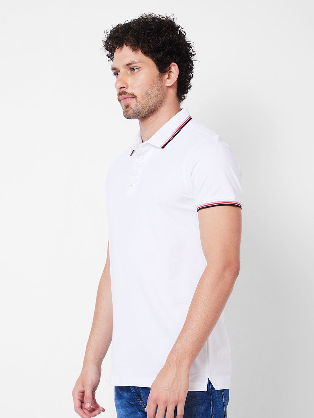 Spykar Polo Collar Half Sleeves White T-Shirt  For Men