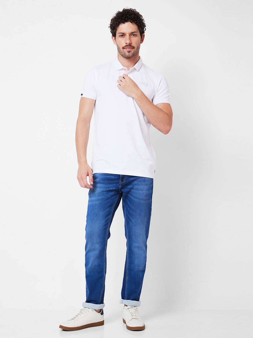 Spykar Polo Collar Half Sleeves White T-Shirt  For Men