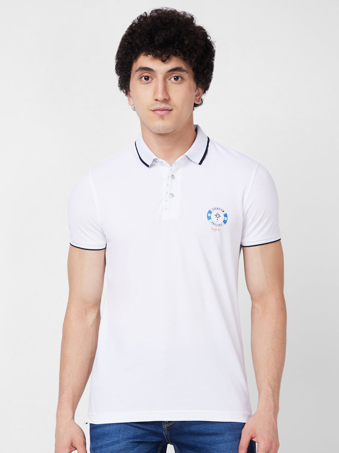 Spykar SLIM FIT White Polo T-shirt  For Men