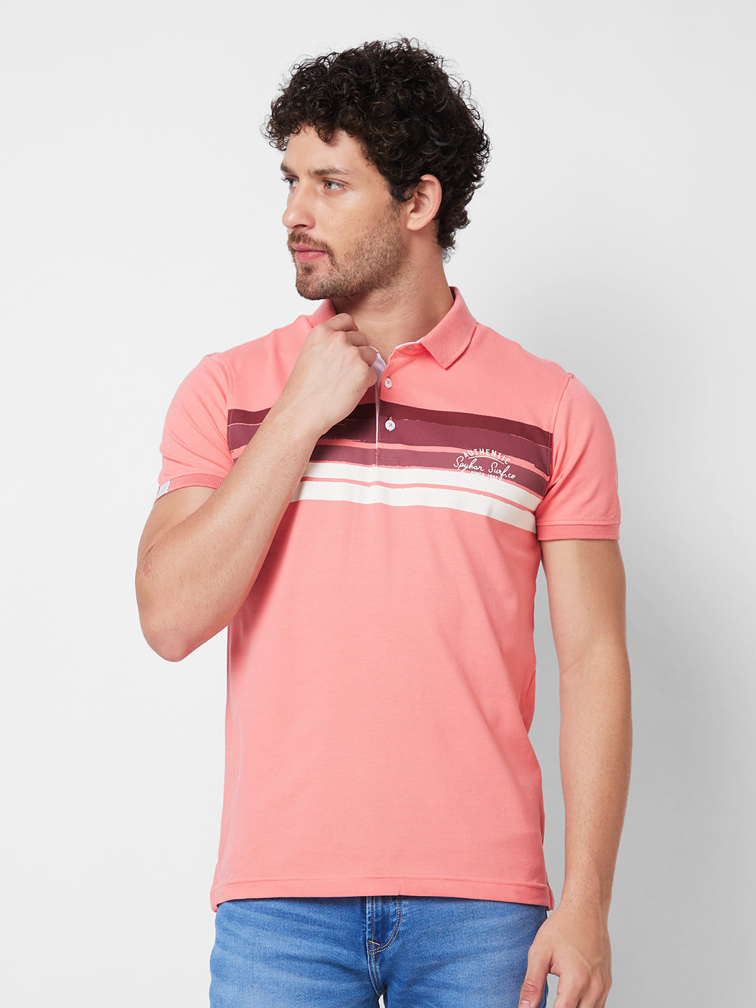 Spykar SLIM FIT Peach Polo T-shirt  For Men