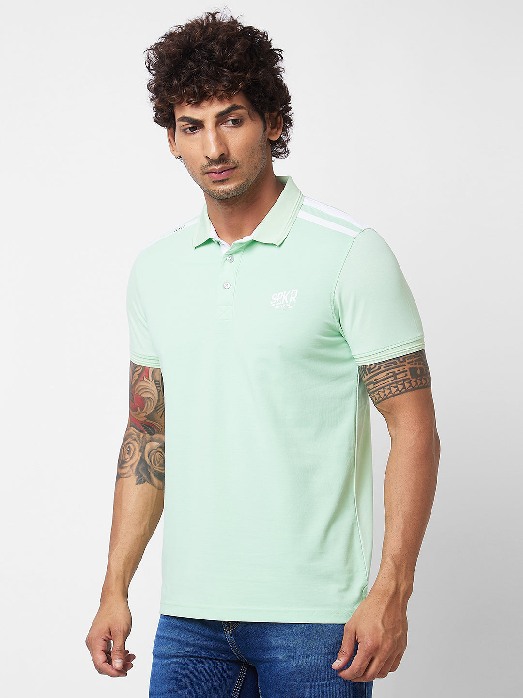 Spykar SLIM FIT Green Polo T-shirt  For Men