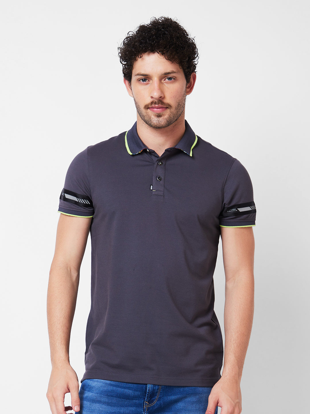 Spykar Polo Collar Half Sleeves Grey T-Shirt  For Men